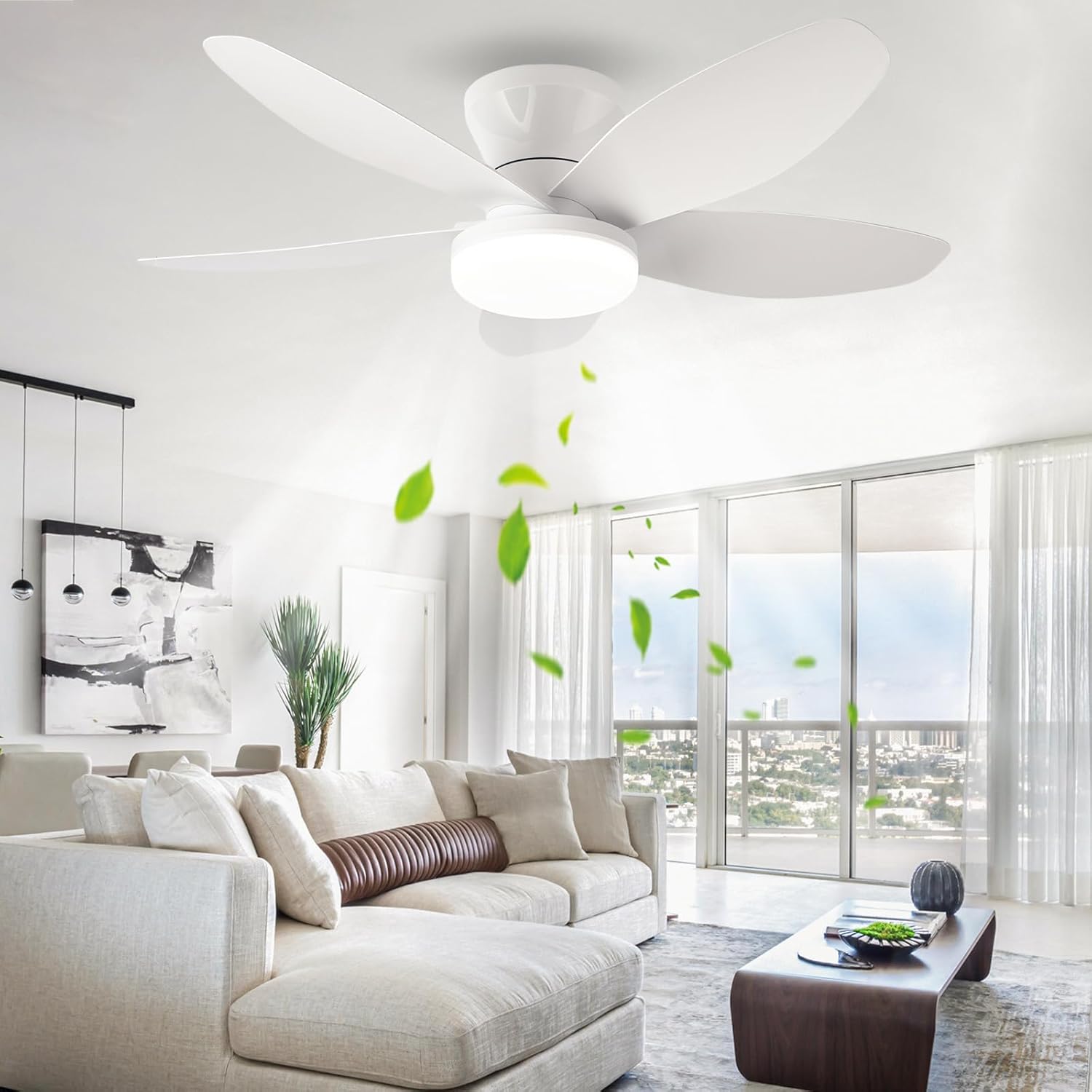 Ventilateur De Plafond Avec Lumière Et Télécommande, Ventilateur De Salon À 5 Lames À Intensité Variable, Plafonnier Pour Chambre,plafond,blanc,88cm