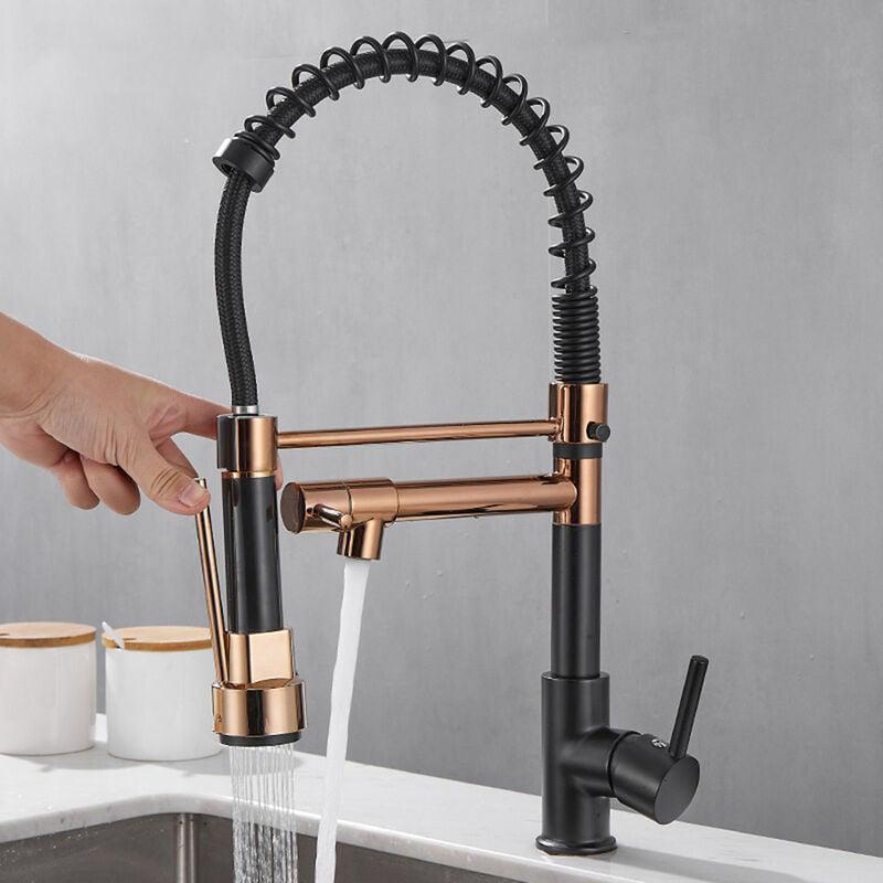 Robinet De Cuisine Rétractable 2 Jets Mitigeu Pivotant À 360° Monocommande Disponible Eau Froide Et Chaude Noir