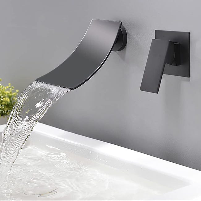 Robinet Mitigeur Murale Lavabo Mélangeur Salle De Bain Avec Cascade Bec Extra-large Robinet Encastré, Noir