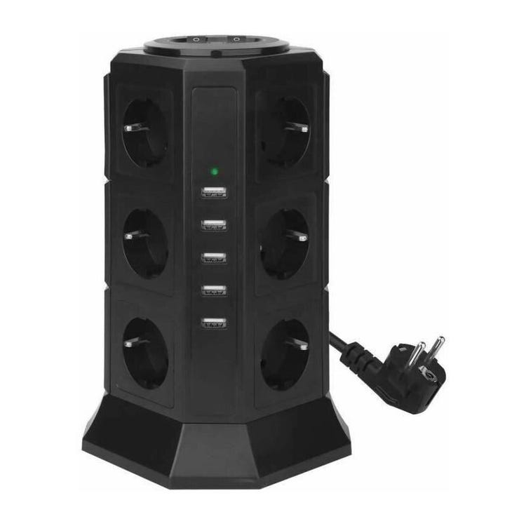 Tour Multiprise Parasurtenseur Parafoudre 12 Prises Avec 5 Usb 4,5a Ports Bleosan - Cordon De 2m - Noir