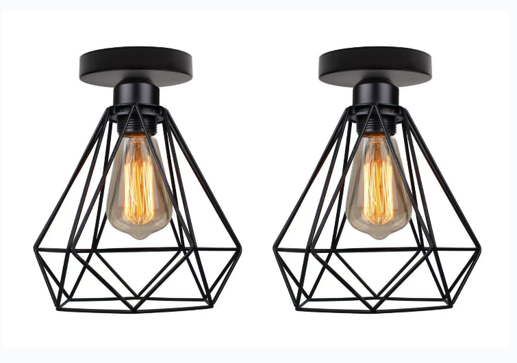 Lot De 2 Lustre Plafonnier Industriel Métal Suspension Luminaire Style Cage Géométrique E27 Mini Lampe De Plafond Vintage Pour Couloir Entrée, Noir