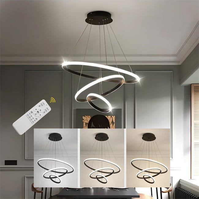 Suspension Luminaire Dimmable - Lustre Led Moderne Pour Salon Salle À Manger - Avec Télécommande Hauteur Réglable - Noir - Ø.20+40+60cm