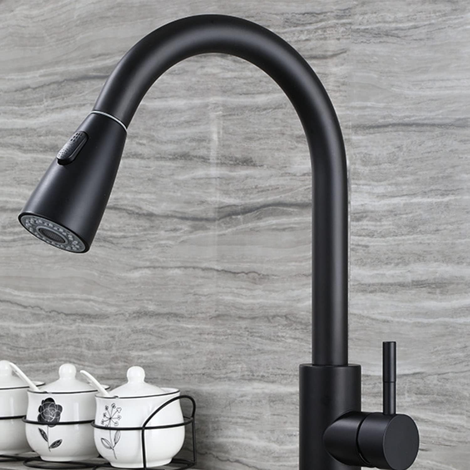 Robinet De Cuisine Avec Douchette Extractible, Robinet D'Évier De Cuisine Monotrou En Acier Inoxydable À Bec Haut, Noir Mat