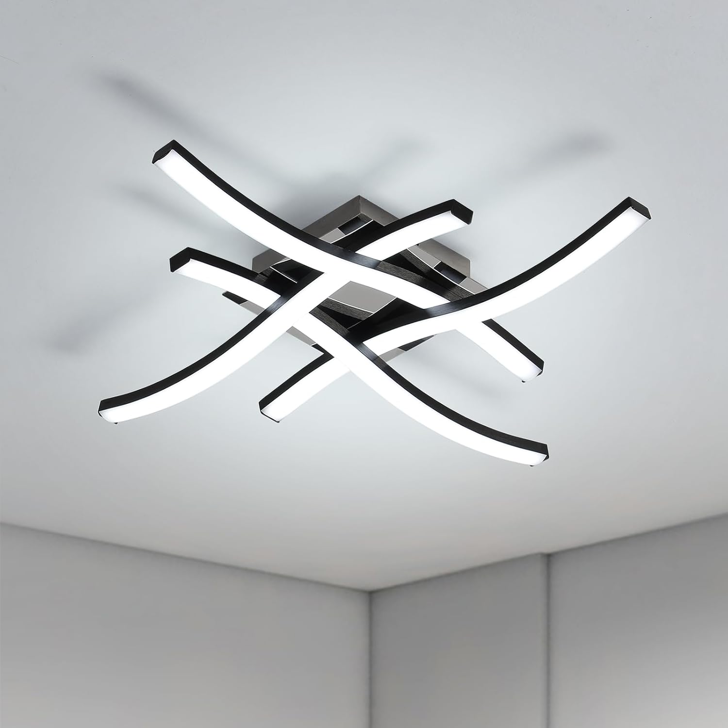 Plafonnier Led, 24w Lampe De Plafond Led Moderne, 6500k Lumière Blanche Froide Luminaire Plafonnier Design Ondulé Avec 4 Tubes De Lumière Noir