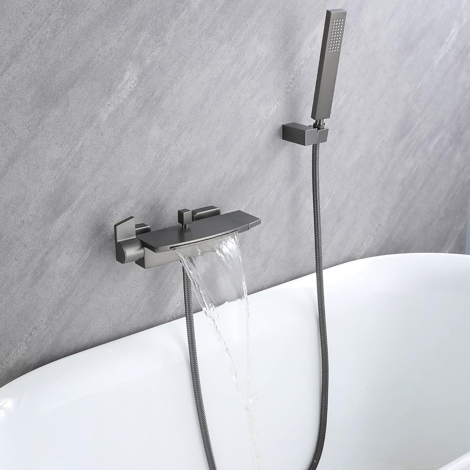 Robinet De Baignoire Avec Pommeau De Douche Noir, Baignoire Cascade, Pommeau De Douche Cascade Mural (gris Bronze Brossé)