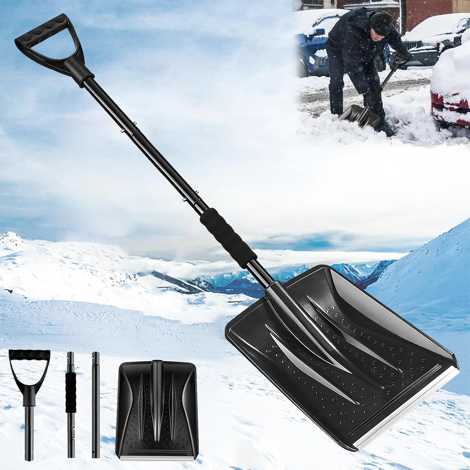Pelle À Neige Portative En Aluminium Avec Poignée En D Et Barre Pour Voitures, Pour Déneiger Le Sable Ou La Neige (1 Pièce - Noir)