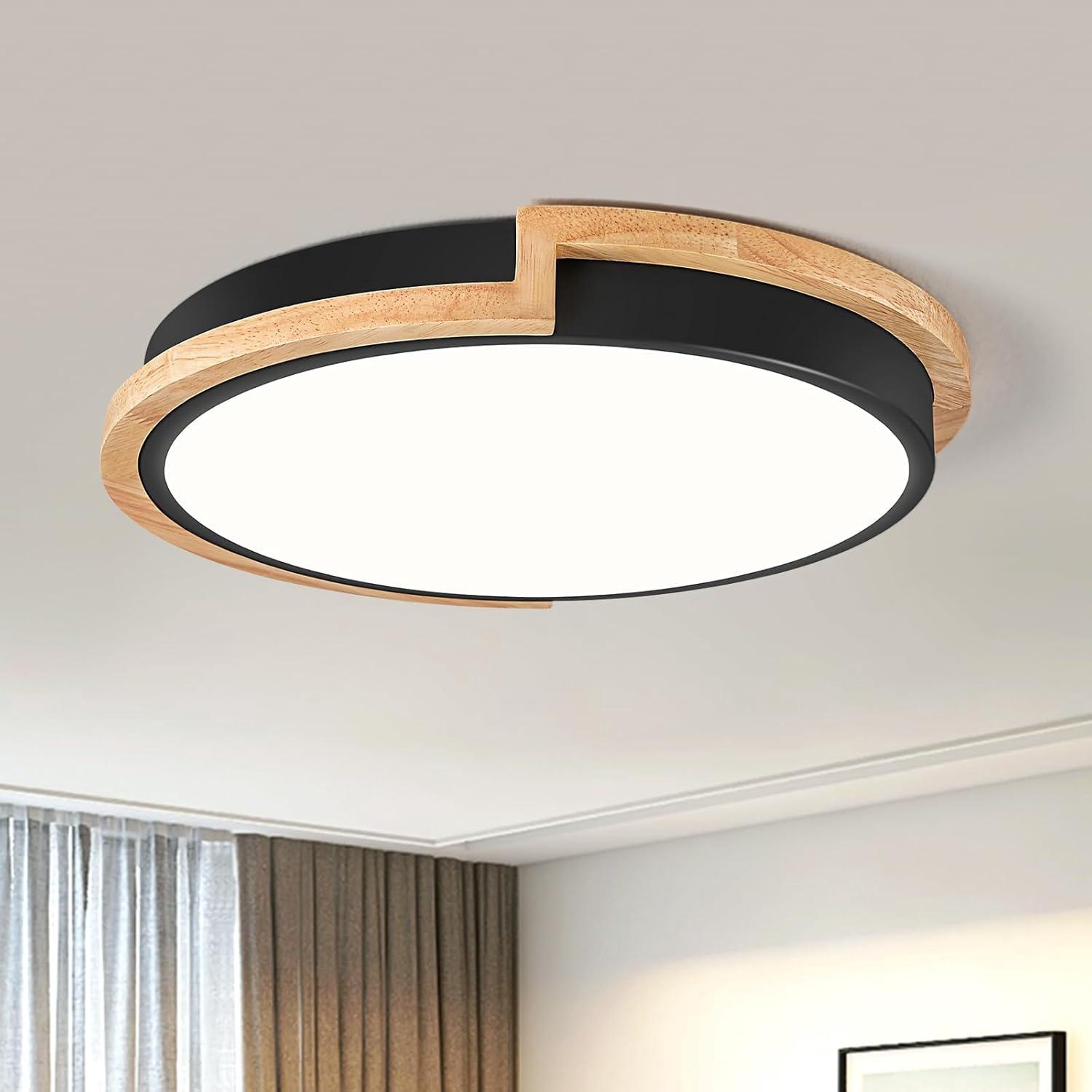 Plafonnier Led 30 Cm, 24 W, Effet Bois, Pour Chambre, Salon, Cuisine, Couloir, Salle À Manger, Lumière Blanche, Noir [classe Énergétique F]