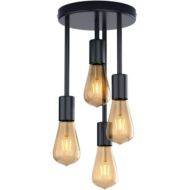 Plafonnier Vintage, Lampe De Plafond Industrielle Rétro En Métal, Douille E27 Led Noire, 4 Douilles, Suspension Pour Salle À Manger, Cuisine, Salon, Bar, Restaurant, Sans Ampoules (noir), Strawberry B