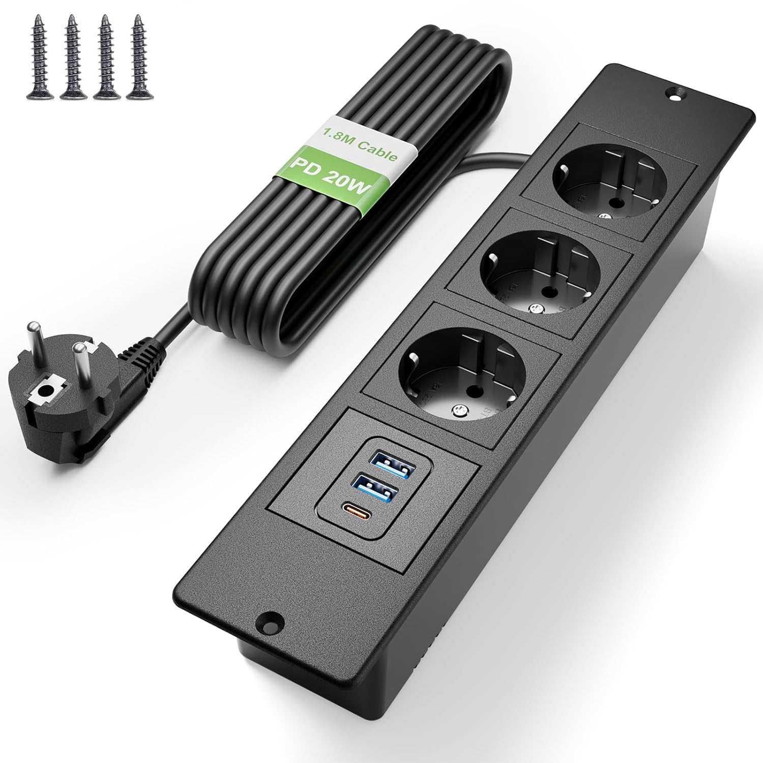 Prise Encastrable De Table Usb C Pd 20w, Multiprise Encastrable 3 Prises, Prise De Table, Multiprise Pour Meuble Ou Plan De Travail, Câble 1,8m, Noir