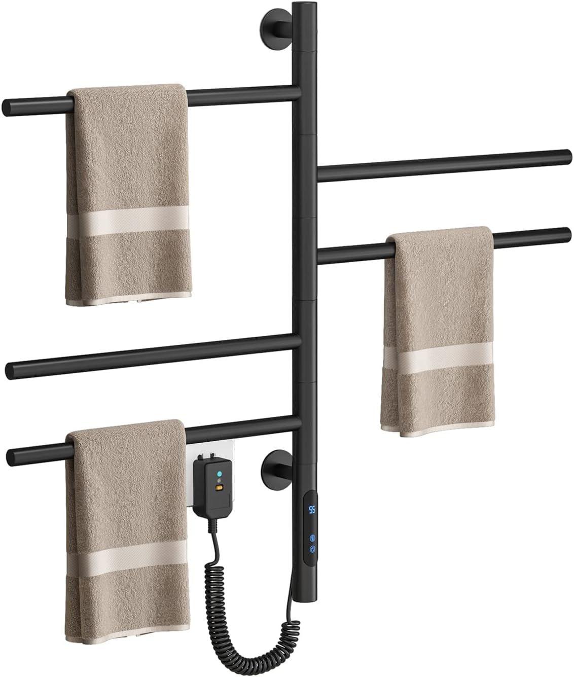 Sèche-serviettes Électrique Avec 5 Barres Porte-serviettes Chauffant Pivotant À 180 Degrés, 80w 42 66cm Chauffe-serviettes Électrique Mural Avec Thermostat (45-70 Degrés) Minuterie Écran Led, Noir