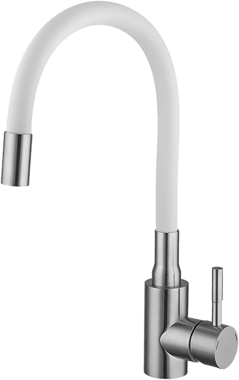 Robinet De Cuisine Flexible Bec Haut Orientable Librement Mitigeur Évier Flexible Laiton Et Robinet Evier Monotrou À Eau Chaude Et Froide, Blanc