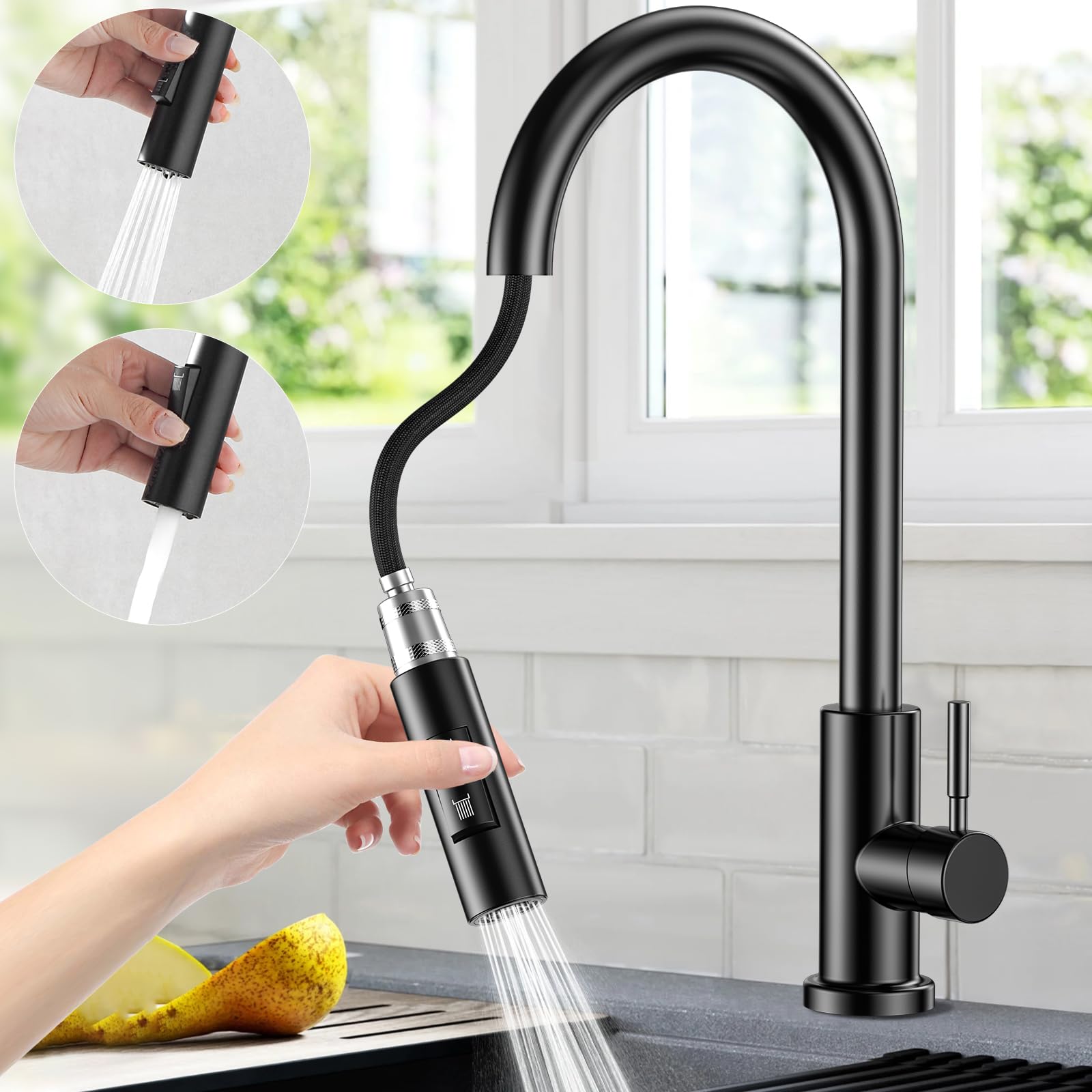 Robinet Cuisine Extractible Avec Base Amovible, Norme G3/8" Eu Mitigeur Cuisine Chaud Et Froid En Acier Inoxydable, Rotatif À 360°mitigeur Evier Cuisine Librement Mitigeur (noir)