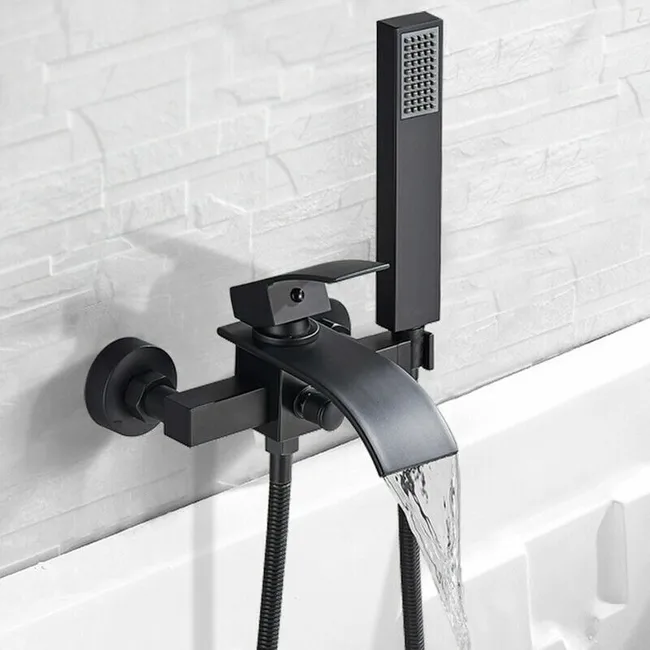 Mitigeur De Baignoire Cascade Mural Noir Robinet De Baignoire Avec Douchette Pommeau De Douche Cascade Mural Robinet De Baignoire Chaud Et Froid