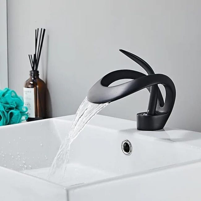 Robinet De Salle De Bain Cascade, Robinet Mélangeur Avec Vanne En Céramique À Poignée Unique Réglable Pour Eau Chaude Et Froide (noir) (sku Produit : 95210231 Sku Offre : Lehuamwj1410)