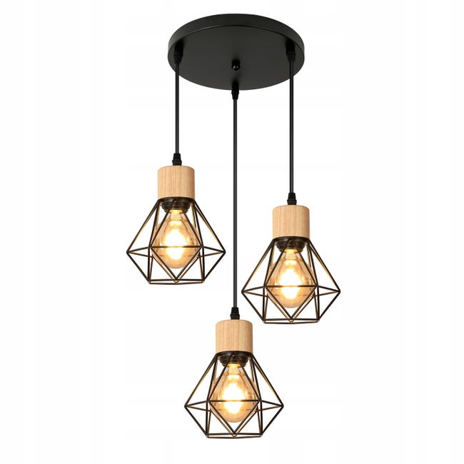 Lustre Suspension En Diamant, Noir - 3 Têtes, Châssis Rond 30 Cm, Fil 1m(réglable), Base E27(sans Ampoule)