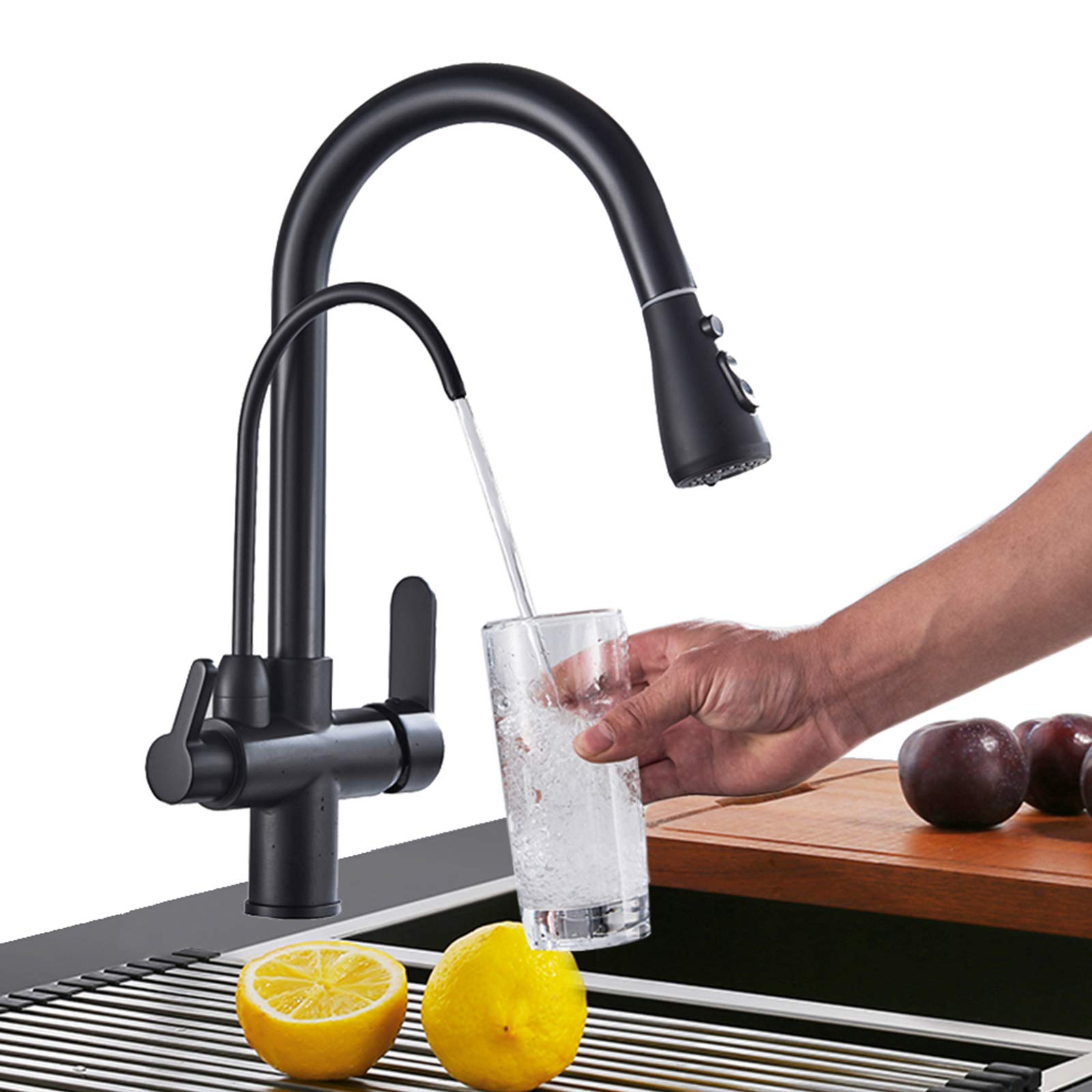 Robinet Cuisine Noir Pure Eau Robinet De Cuisine Avec Extensible Double Poignée Eau Potable Chaude Et Froide 3 Voies Filtre Mélangeur De Cuisine