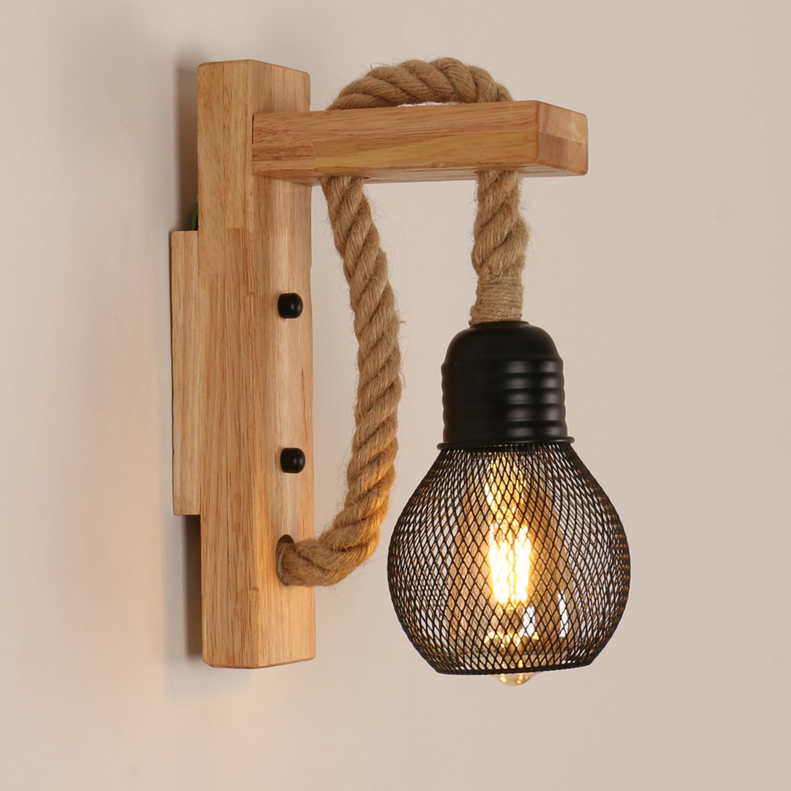 Applique Murale Rustique En Bois Vintage,lampe Murale Rétro Avec Abat-jour Cage Métal Noir E27,pour Chambre Et Salon (sans Ampoule)