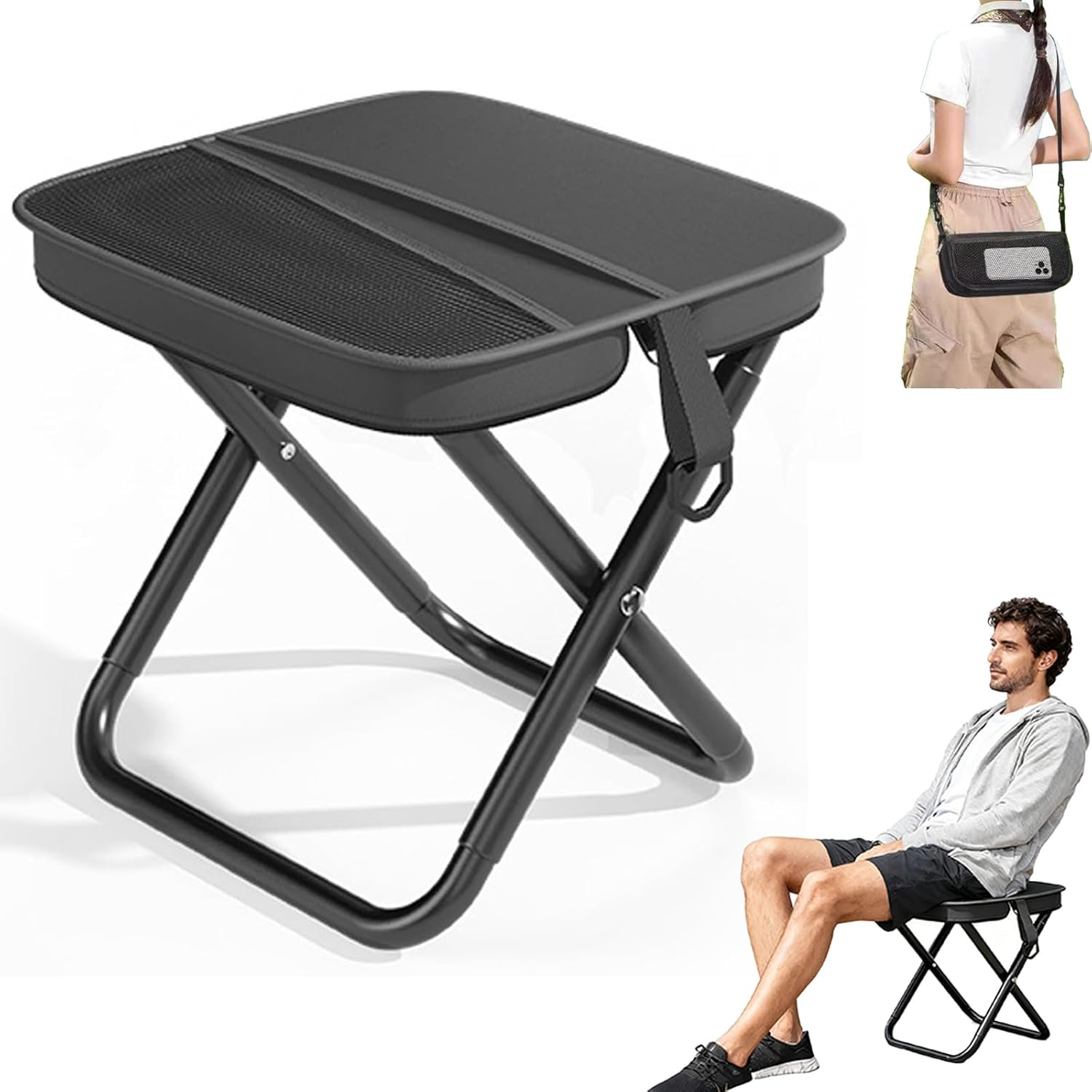 Chaise De Camping Portable, Sac De Tabouret Mini, Pliable, Supporte Jusqu'à 120 Kg, Avec Poches Latérales, 282826cm (noir).