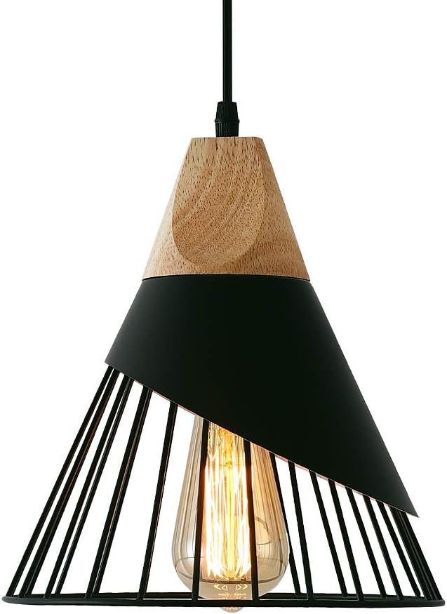 Suspension Luminaire Vintage,bois Métal Design Lampe Plafonnier Industrielle En Luminaires Suspension Abat-jour 27 Applique D'Eclairage Pour Salle À Manger Cuisine,noir [classe Énergétique A+]