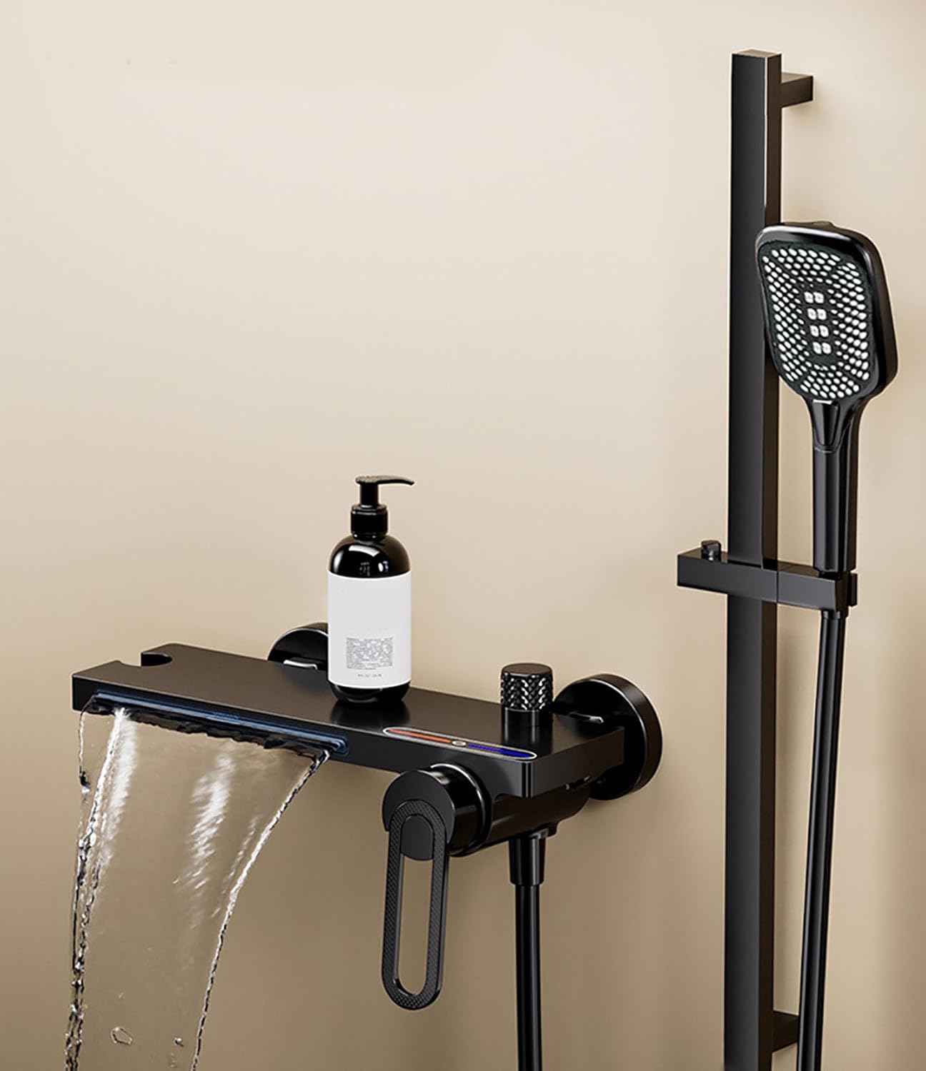 Robinet De Baignoire Cascade Eau Chaude Et Froide, Douche Murale En Laiton, Hauteur Réglable, Cascade Noire Avec Tige De Levage