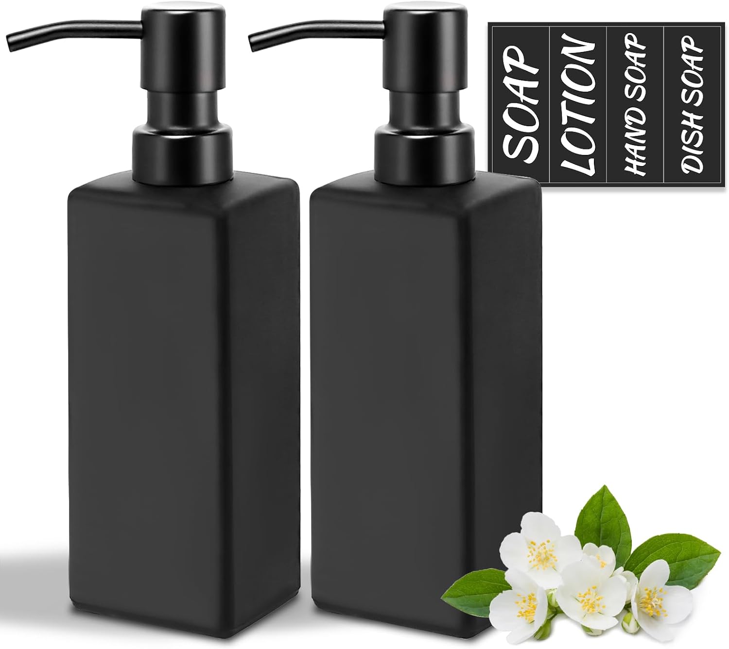 Distributeur De Savon En Verre Noir Mat Avec Pompe En Métal, Distributeur De Savon Carré 350 Ml Pour Cuisine Et Salle De Bain, Lot De 2
