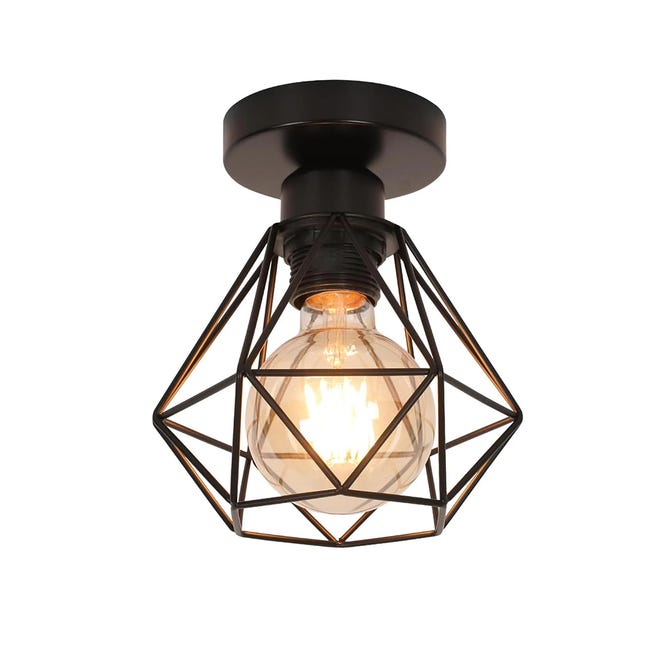 Plafonnier Industriel E27, Luminaire Métal Cage Vintage, Suspension Éclairage Plafond Noir Pour Cuisine Chambre Salon Couloir Café Bar