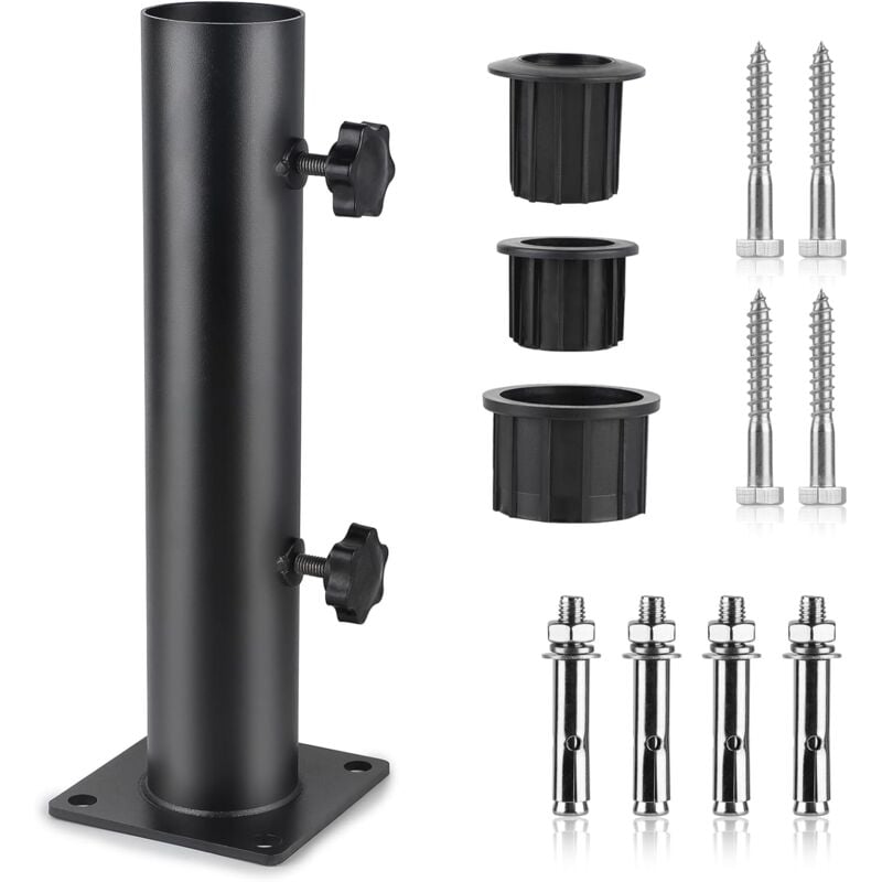 Pied Parasol, Tube De Parasol, Support Parasol Metal Réglable Avec 3 Anneaux De Réduction En Pvc (32/38/48mm), Tube Pour Pied De Parasol Avec 8 Clous En Acier, Noir
