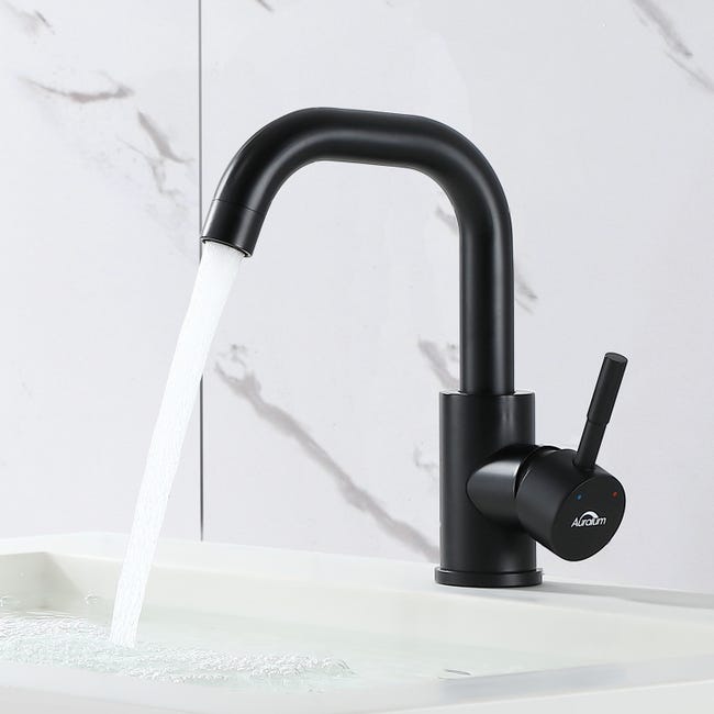 Auralum Robinet Lavabo Noir Avec Barboteur Démotable, Rotation À 360° , Mitigeur Salle Bain En Laiton, Haut De 250mm