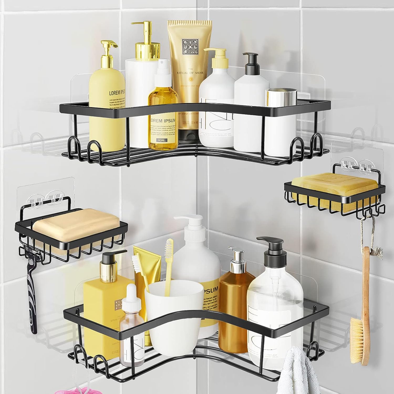Etagère De Douche D'Angle Sans Perçage, 4 Pcs Rangement,etagere En Acier Inoxydable, Noir, Accessoire Salle De Bain, Rangement Douche