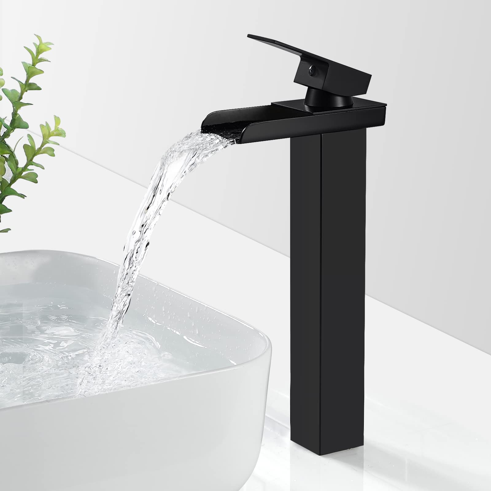 Robinet Salle Bain Cascade Noir Mat, Mitigeur Lavabo Cascade Haut, Robinet Lavabo Avec Bec Hauteur, Robinetterie Vasque À Poser Carré En Laiton, Eau Froide & Chaude Disponible, G 3/8