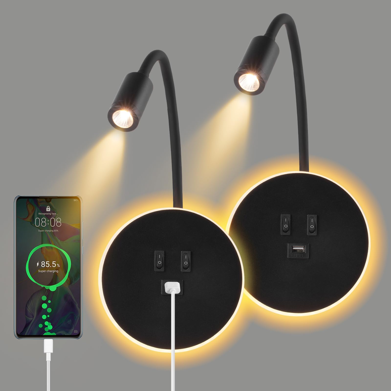 2pcs Applique Murale Interieur Led, Lampe De Lecture Avec Interrupteur, Liseuses Murales De Chevet Réglable Avec Chargeur Usb, 3000k Lecture De Chevet Applique Murale Pour Chambre Salon (noir)