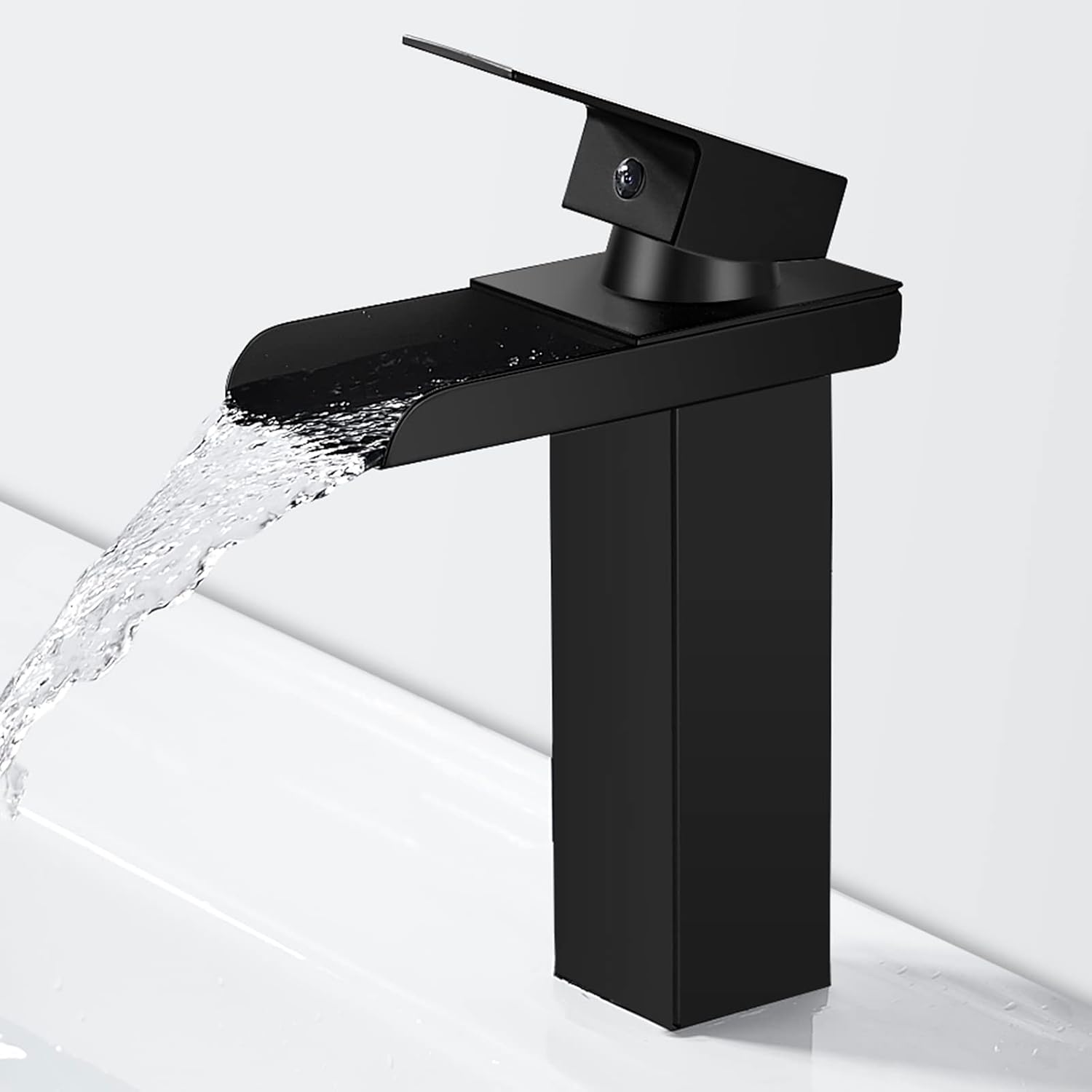 Moderne Noir Robinet De Salle De Bain En Laiton, Mitigeu Lavabo Cascade, Robinet Lavabo Avec Bec Hauteu, Eau Froide & Chaude Disponible,g 3/8