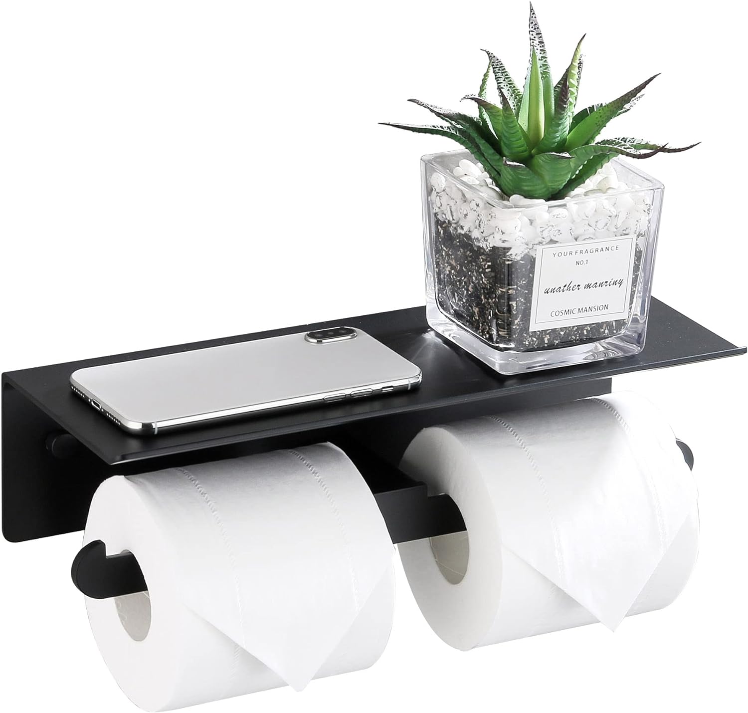 Porte Papier Toilette Mural Aluminium Double Support Hygiénique Rouleau Avec Plateforme De Rangement Sans Perçage Avec Protection De Bord Et Anti-chute Pour Salle De Bain Wc Noir