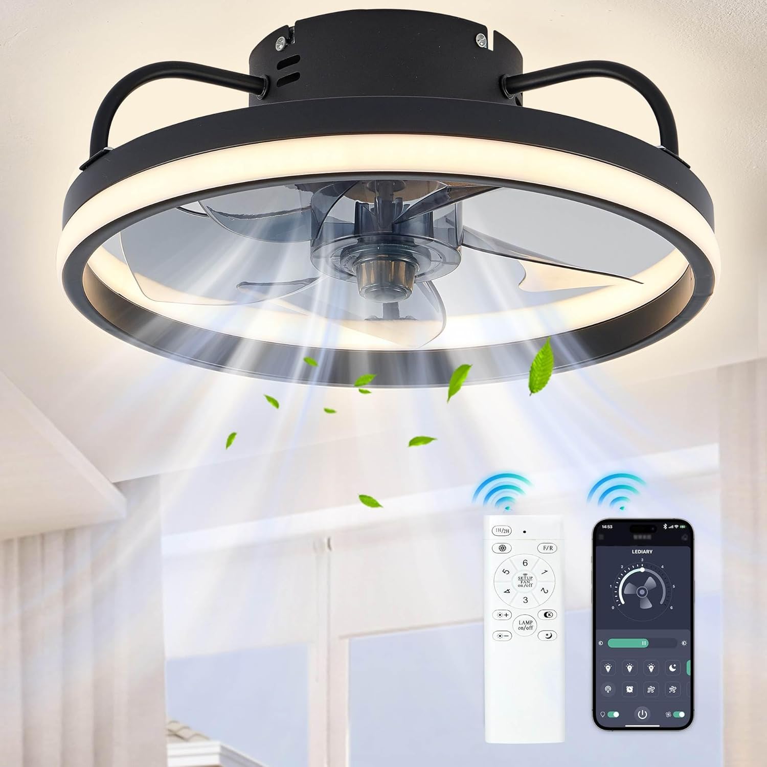 Ventilateur De Plafond Avec Lumière Et Télécommande, 6 Vitesses, Variateur, Application Intelligente, Éclairage De Chambre (noir, 33 Cm)