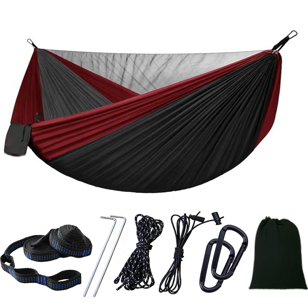 Hamac De Camping Avec Moustiquaire, Charge 300 Kg, Double, Nylon Respirant Portable Ultra-léger, Rouge Vin Et Noir