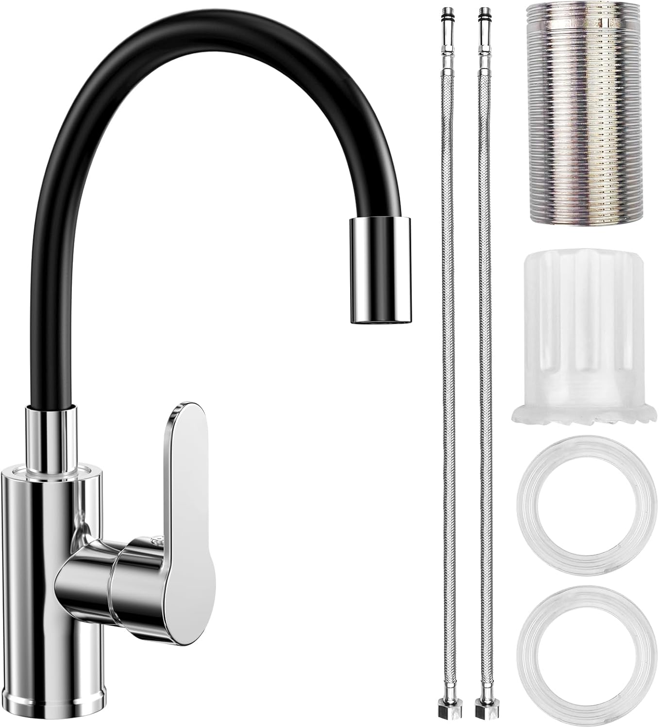 Robinet De Cuisine Noir, Mitigeur D'Évier Avec Bec Flexible, Mitigeur De Cuisine Flexible Pivotant À 360° Avec Bec Économiseur D'Eau
