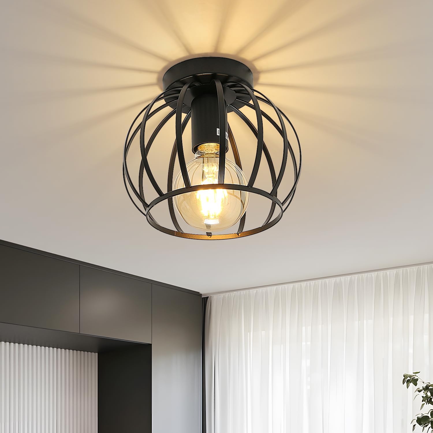 Comely Plafonnier Vintage Industriel, Luminaire Plafonnier E27 Rétro Cage Design, Lampe De Plafond En Métal Pour Chambre Entrée Couloir (noir)