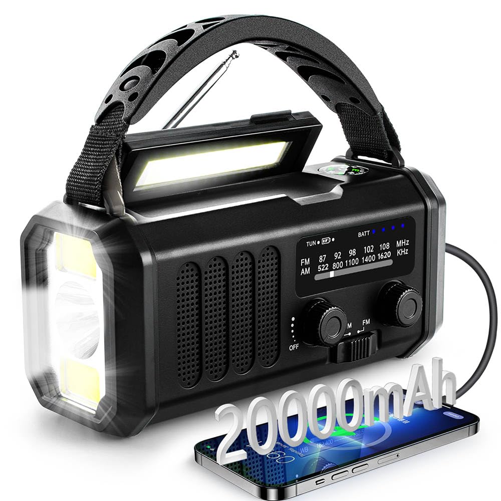 Radio D'Urgence Portable 20000mah,solaire/manivelle,lampe,sos,charge Smartphone,fm/am,pour Extérieur Et Survie (noir)