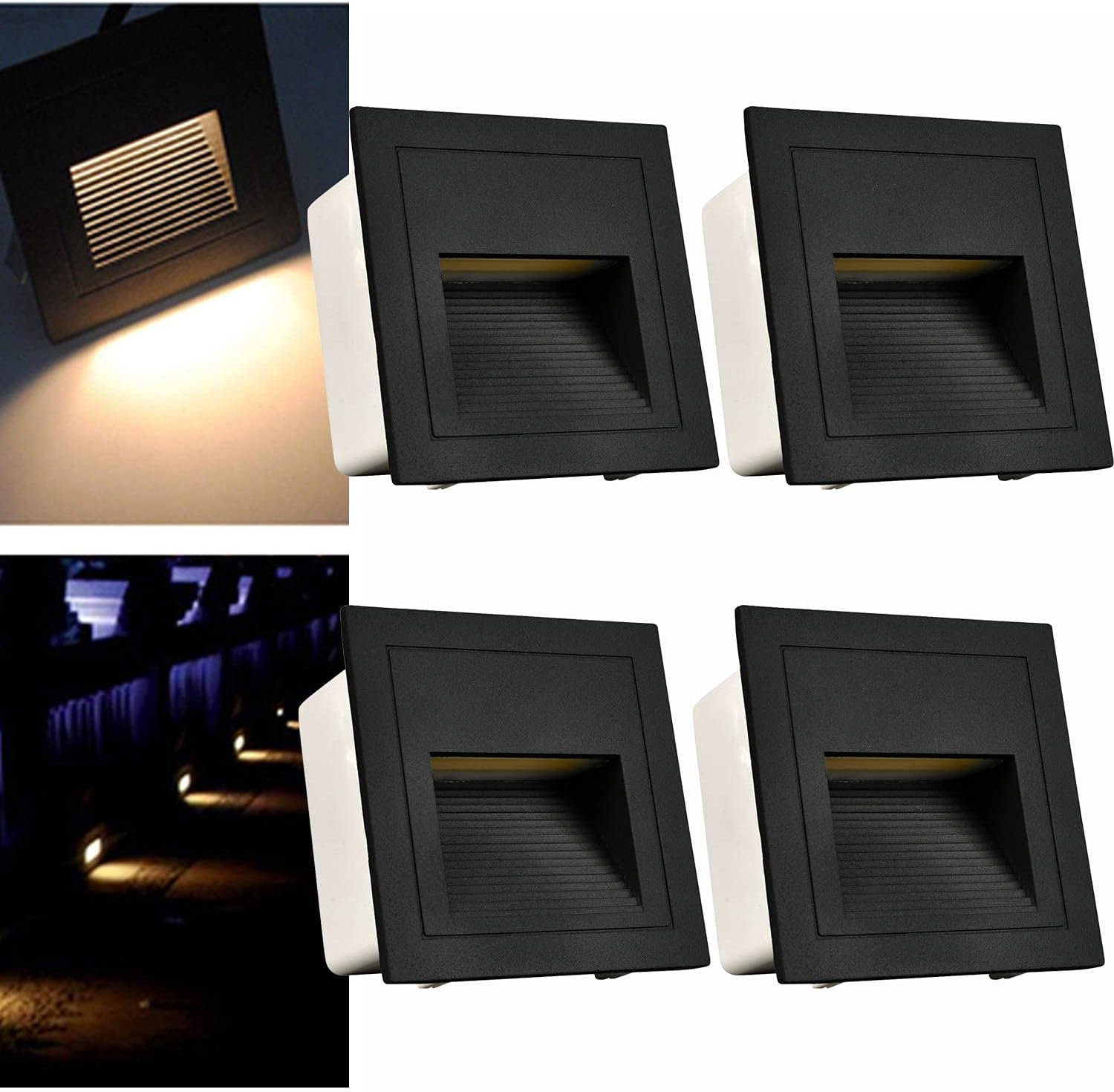 Lot De 4 Appliques Murales Encastrées Led 3w, 120v, Éclairage D'Escalier Blanc Chaud 3000k, Étanche Ip65, Pour Extérieur (jardin, Balcon, Couloir), Aluminium, Noir