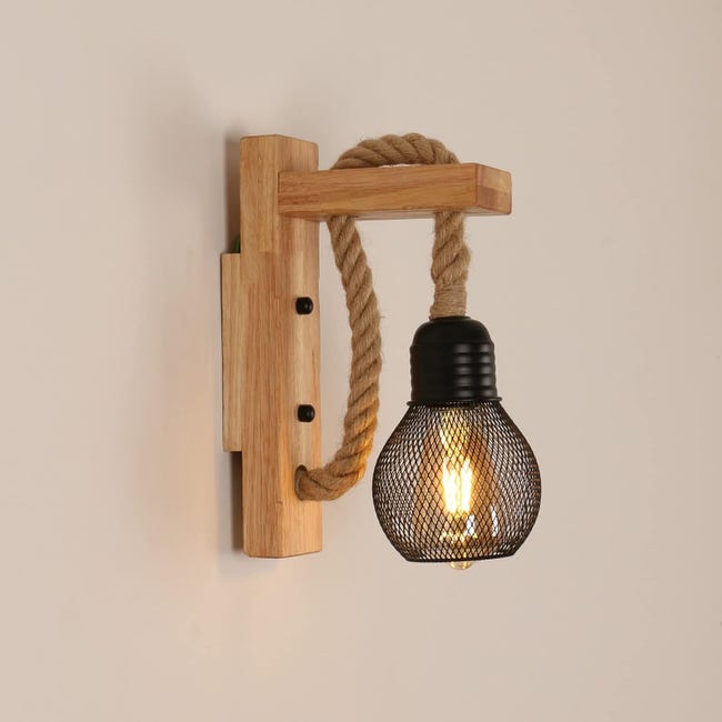 Applique Murale Industrielle Vintage, Lampe Murale En Bois Rustique Rétro, Abat-jour En Cage En Métal Noir, Applique Murale Intérieure(sans Ampoules)