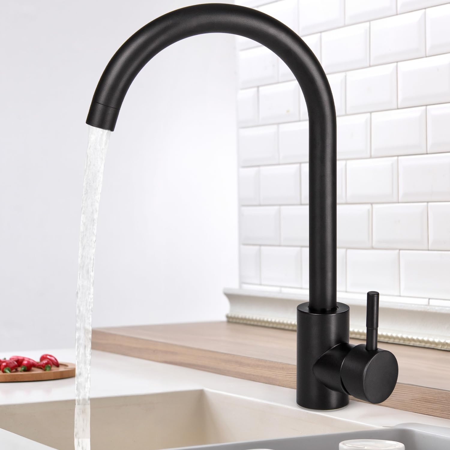 Mitigeur Évier Avec Bec Haut Mitigeur Cuisine À Poignée Unique Robinet De Cuisine, Froid & Chaud Disponible, Installation Et Nettoyage Facile, Acier Inoxydable, Forme En C(noir)