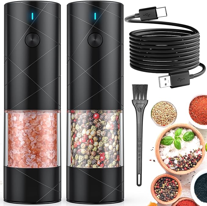Ensemble De 2 Moulins À Sel Et Poivre Électriques Rechargeables Par Usb Avec Lumière Led Chaude, Mouture Réglable, Grande Capacité, Pour La Cuisine, Le Restaurant Et Les Activités De Plein Air, Noir.