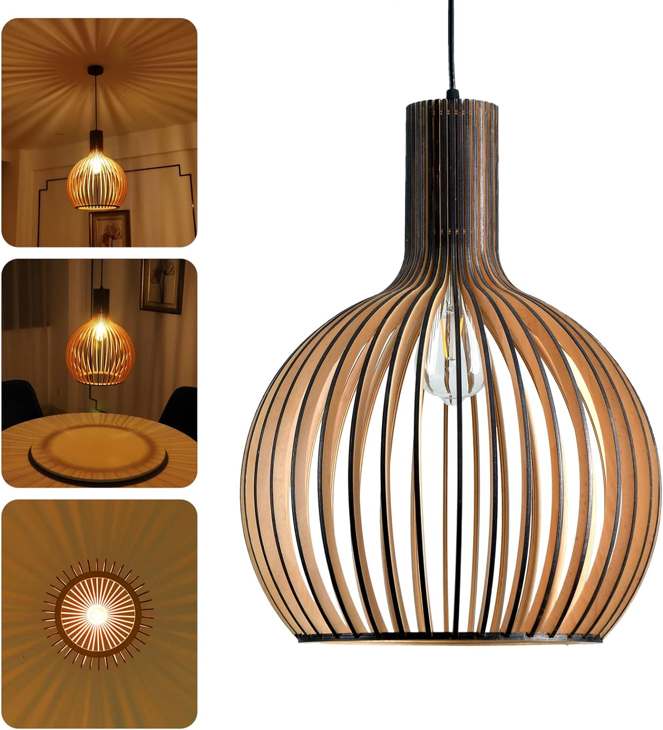 Suspension En Bois Style Bohème Svkbjroy, Douille E27 Réglable En Hauteur, Lustre Naturel, Lampe Suspendue Rétro Et Rustique Pour Salle À Manger, Salon, Chambre, Café, Comptoir De Bar (noir, 35 × 45 C