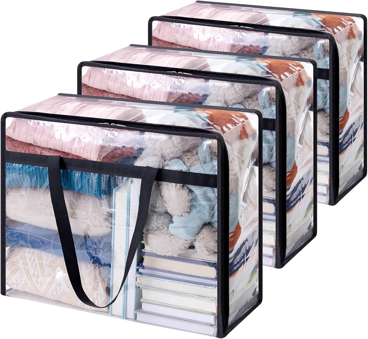 Lot De 3 Sacs De Rangement Transparents 40 L, Housse De Rangement Pour Vêtements En Pvc, Housse De Couette Pliable Avec Poignées, Boîte De Rangement Pour Déménagement