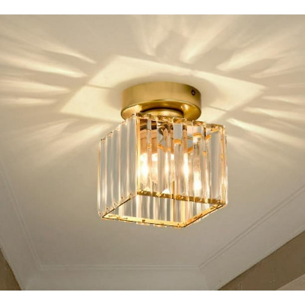 Plafonnier Moderne De Luxe À Led Avec Abat-jour En Cristal Carré Doré Pour Balcon, Couloir Ou Allée.
