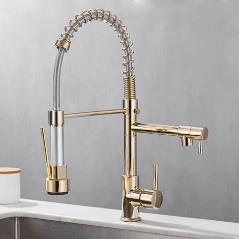 Petites Ecrevisses – Robinet Mitigeur Cuisine Extractible 2 Jets – Bec Pivotant 360° – Finition Dorée – Installation Facile – Eau Chaude Et Froide