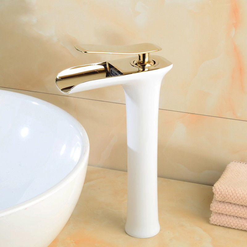 Membre Robinet De Lavabo Cascade Pour Salle De Bain, Poli Doré Et Blanc (haut)