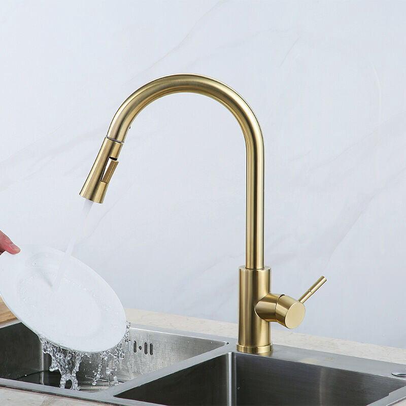 Robinet Cuisine Extensible Mitigeu Monocommande En Acier Inoxydable Rotatif À 360° Chaude Et Froide Réglable Doré