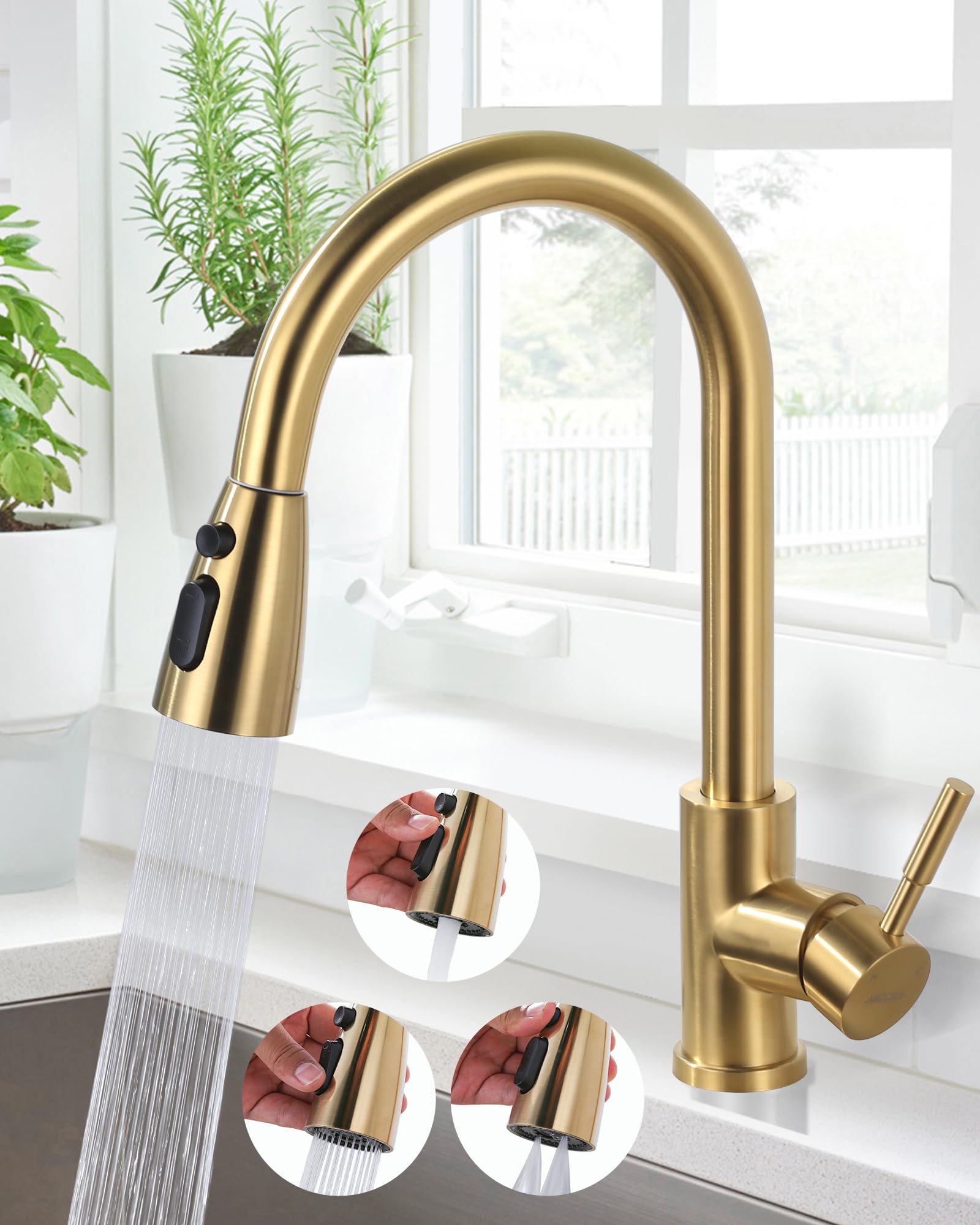 Robinet Extensible Haute Pression Cuisine Pivotant À 360° En Acier Inoxydable Avec Cartouche En Céramique Anti-fuite 3 Types De Jet Doré