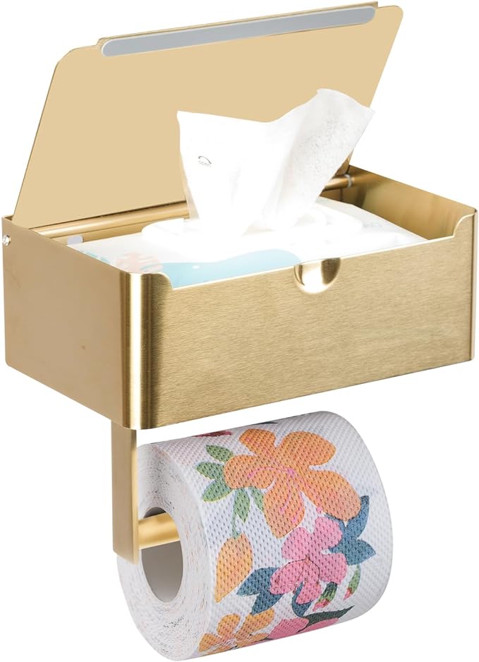 Porte-papier Toilette Et Lingettes Mural Doré (fixation Par Perçage Ou Adhésif), Avec Rangement Pour Lingettes - Acier Inoxydable Sus304 - Grand Modèle